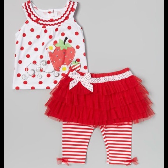 Young Hearts Red Polka Dot Strawberry & Skirted Striped Leggings Set - Picture 2 of 2